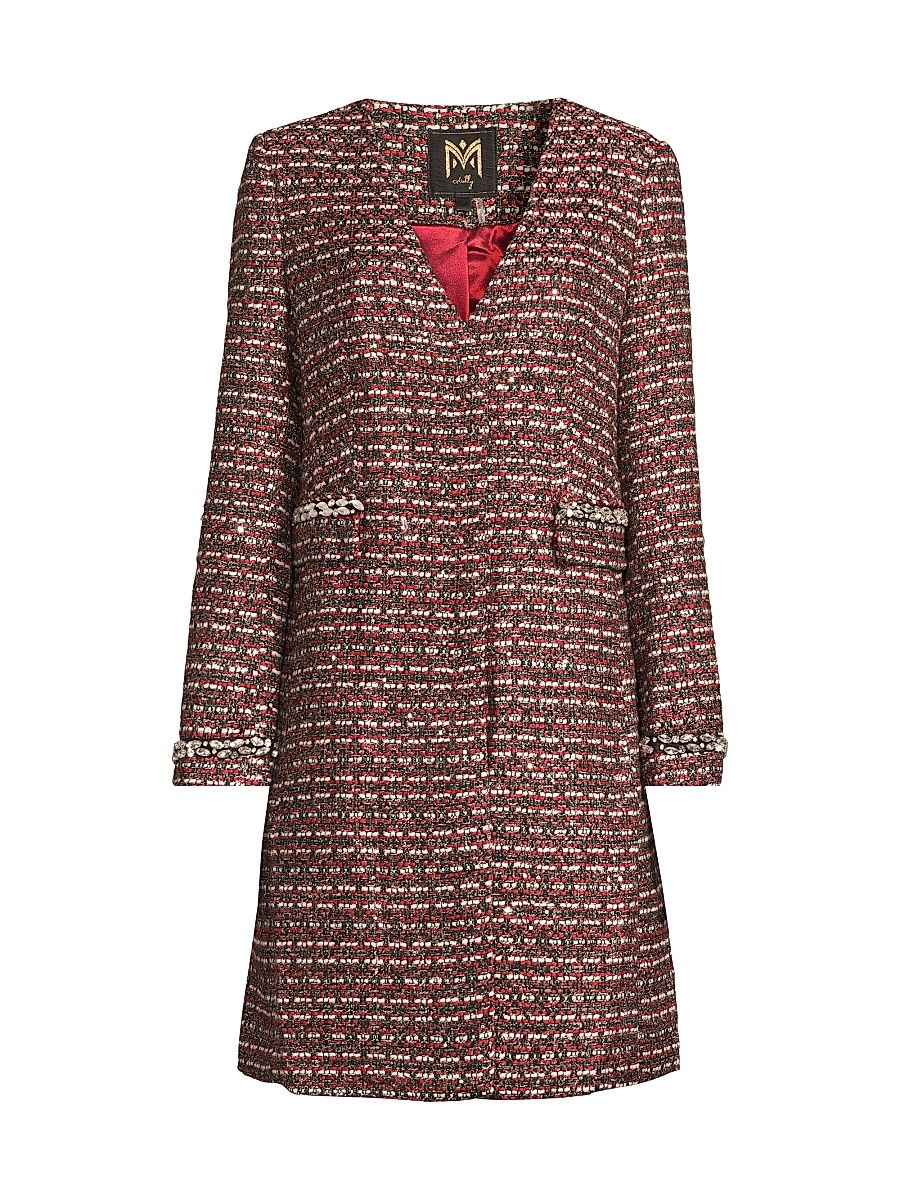 Women's Collarless Tweed Coat - Red Tweed - Size XL