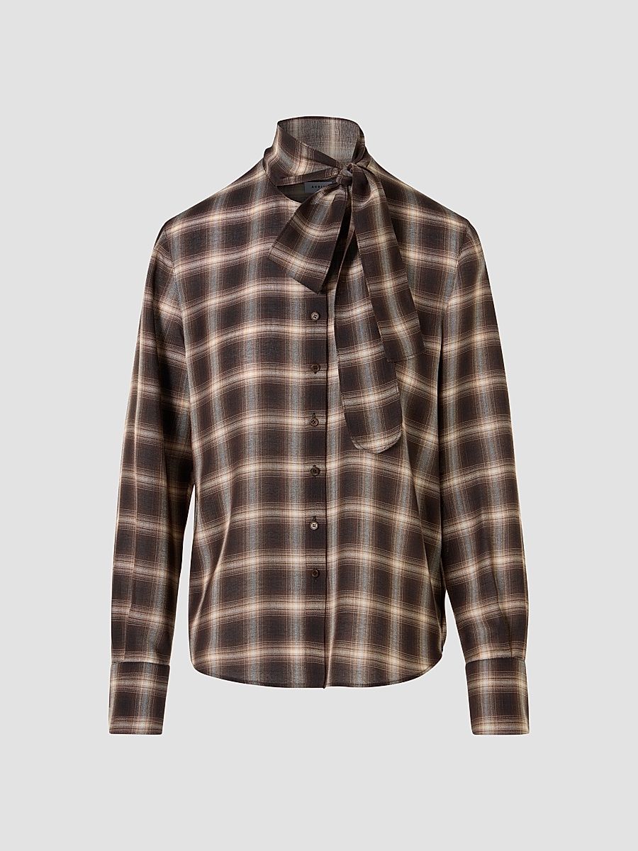 Women's Plaid Bow Collar Blouse - Espresso Cashew - Size 12