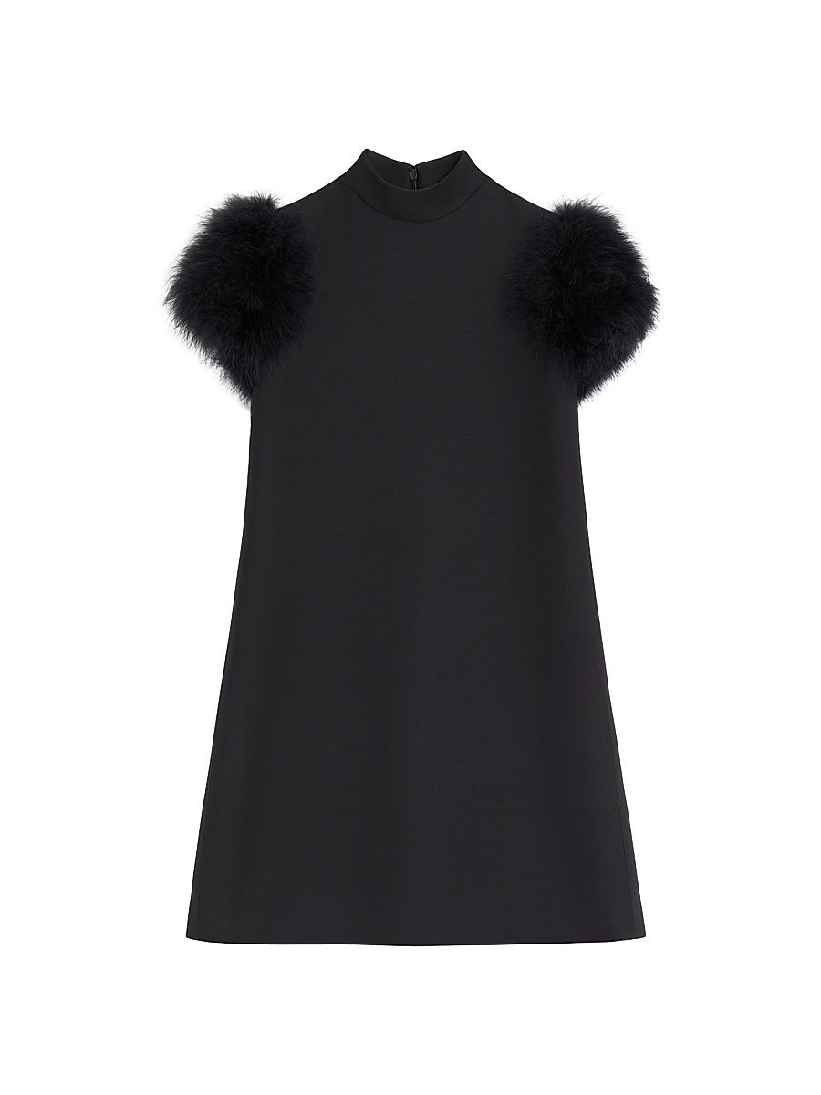 Women's Short Crepe Couture Dress with Feathers - Black - Size 8
