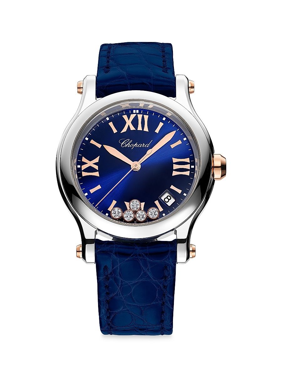 Women's Happy Sport Stainless Steel, 18K Rose Gold, Diamond, & Alligator Leather Strap Watch - Blue