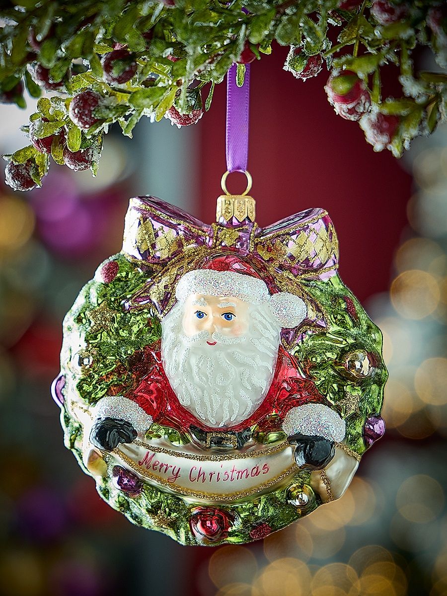 Santa Wreath Glass Ornament