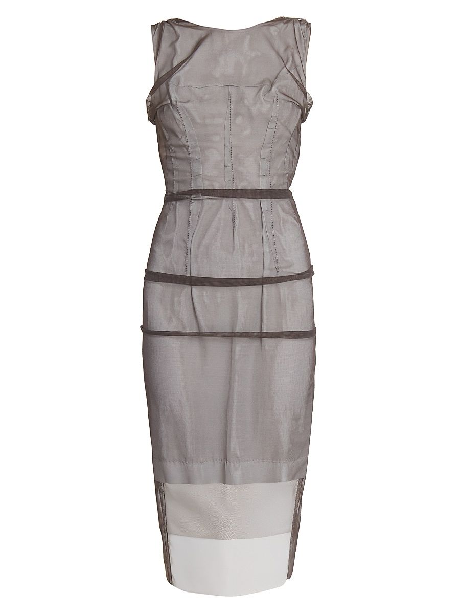 Women's Mesh Overlay Sheath Midi-Dress - Brown Light Grey - Size 8