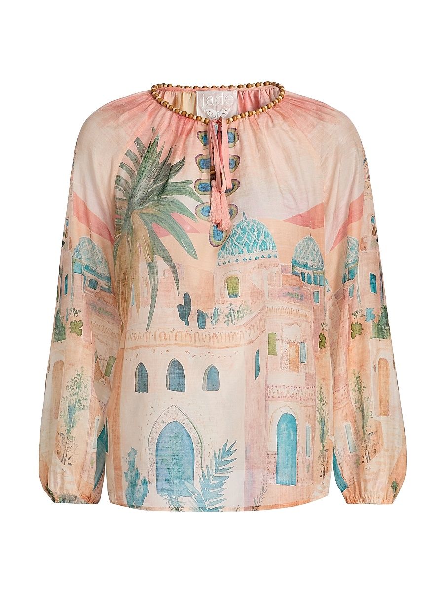 Women's Loubellah Beaded Cotton-Silk Blouse - Sirena - Size Medium