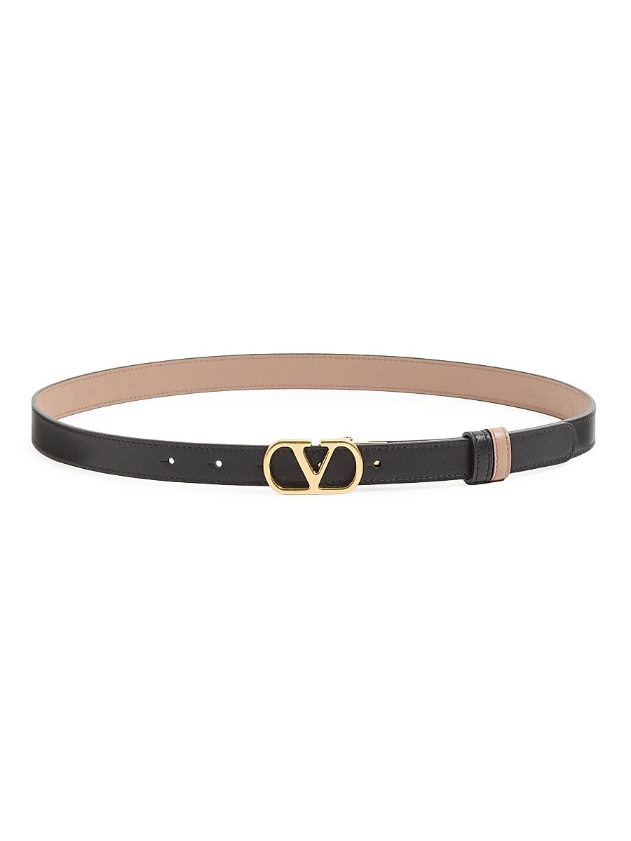 Women's VLogo Signature Reversible Shiny Calfskin Belt - Black Beige - Size XS