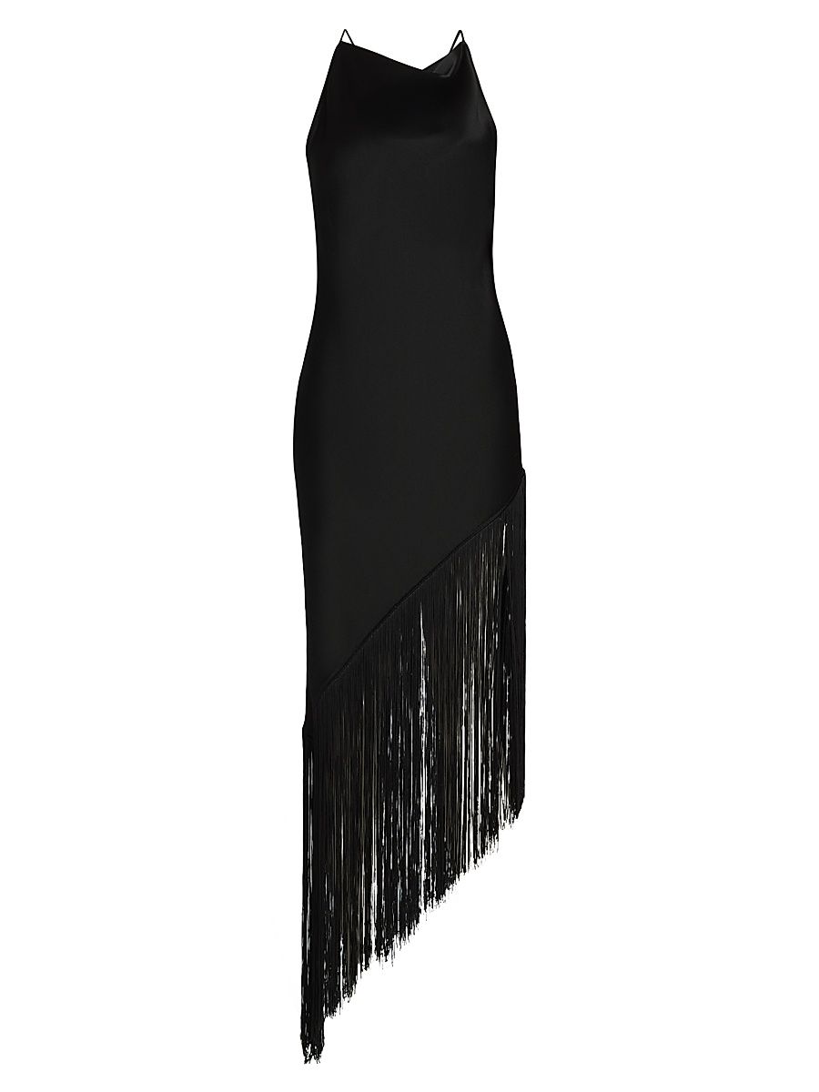 Women's Fringed Satin Cowlneck Midi-Dress - Black - Size 6