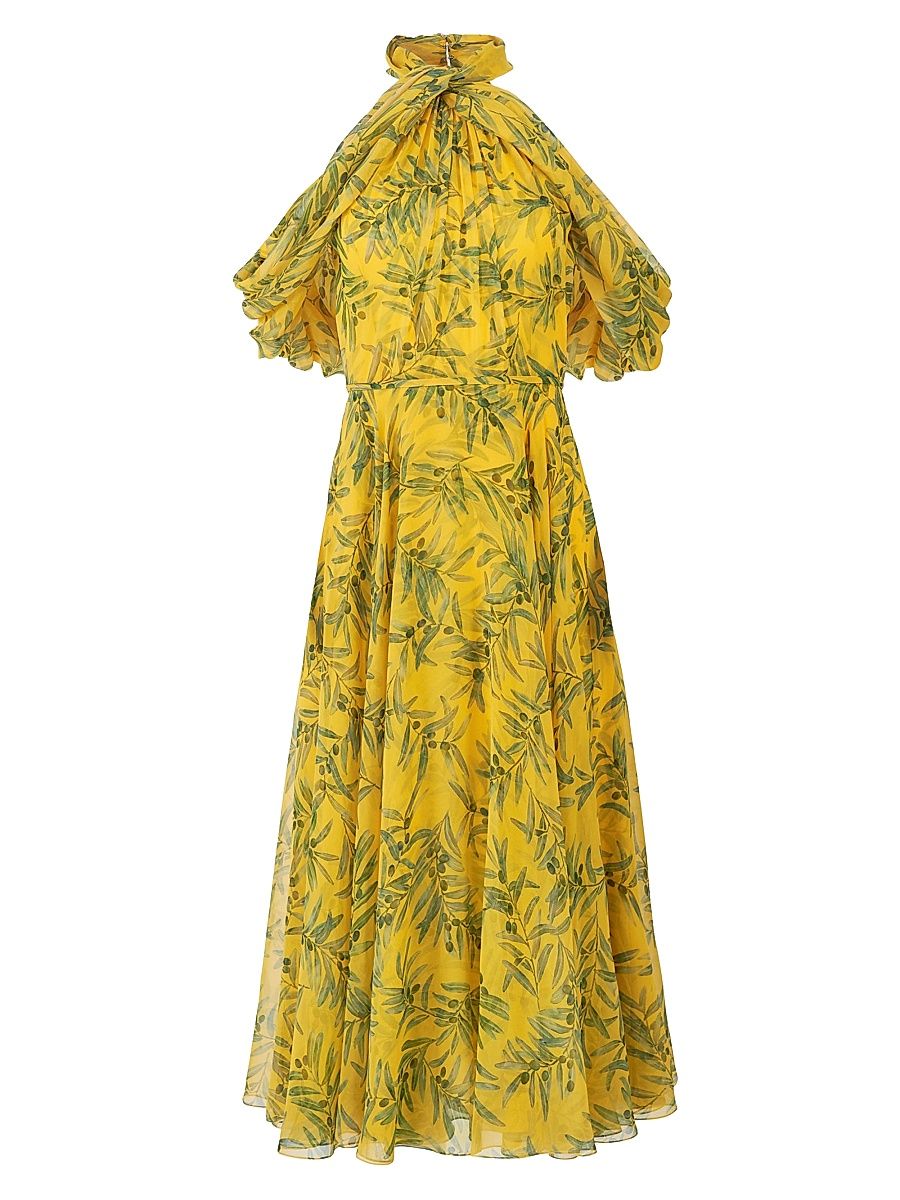 Women's Draped Printed Silk Cold-Shoulder Cocktail Dress - Daffodil Multi - Size 12
