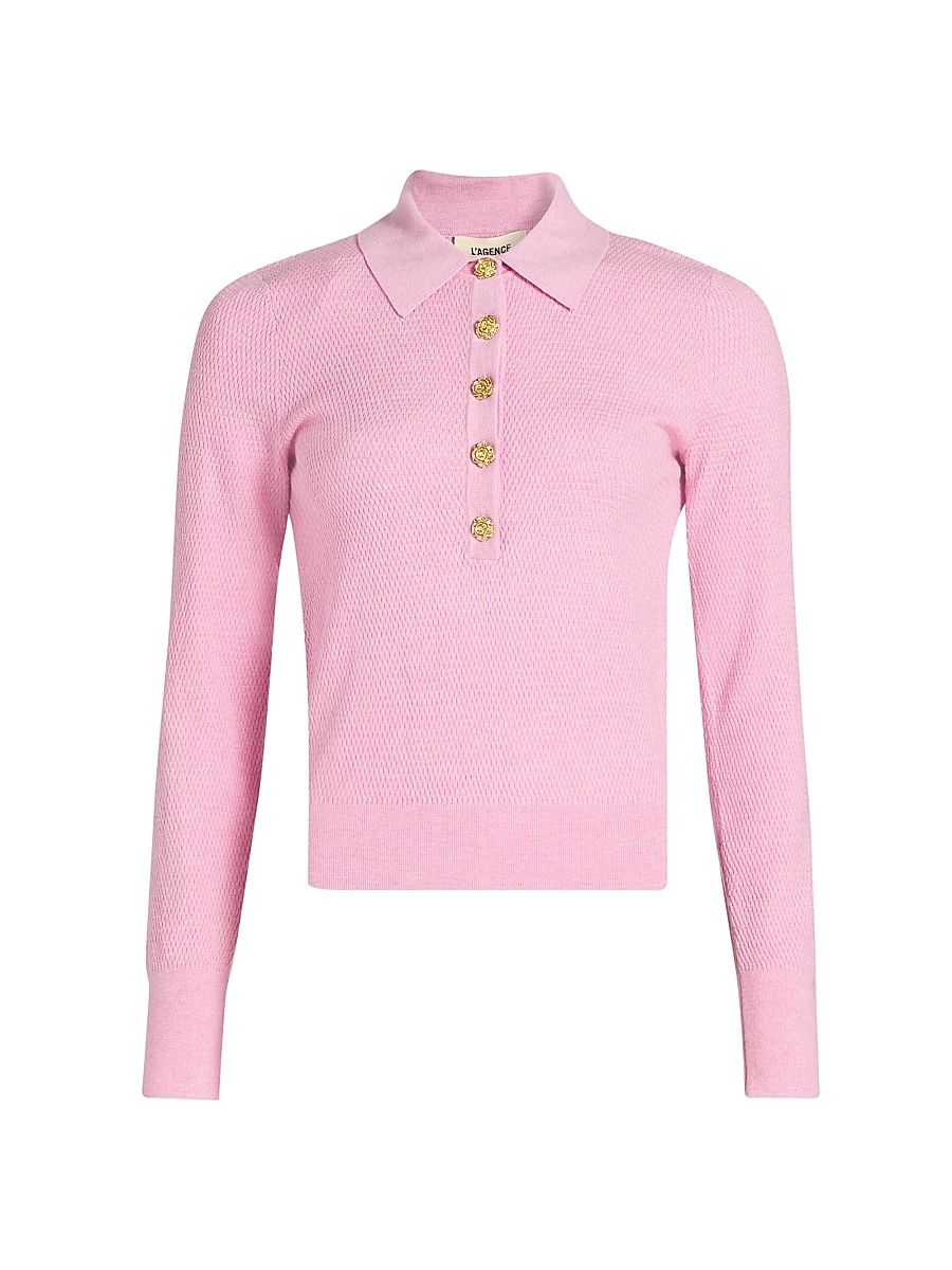 Women's Sterling Floral-Button Polo Sweater - Fondant Pink Gold Rose - Size XXL