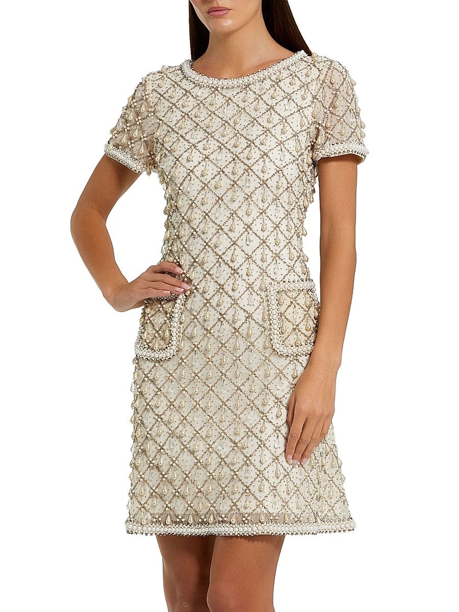 Women's Beaded Embellished Minidress - Oyster - Size Large