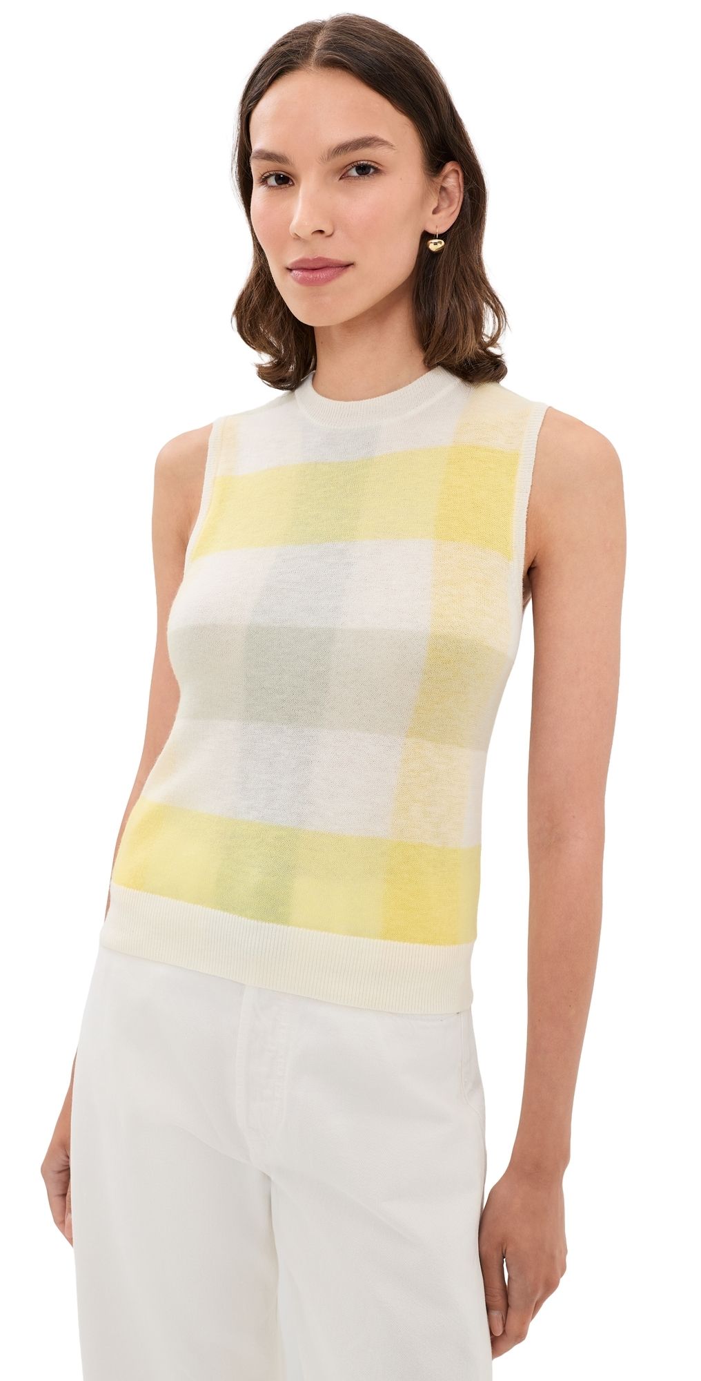 Vince Plaid Crew Neck Shell Tank Dandelion Combo L