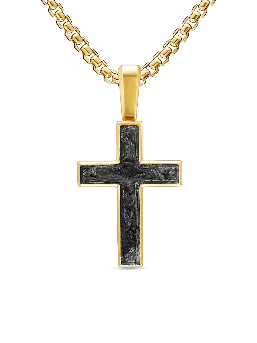 Men's Cross Amulet in 18K Yellow Gold with Forged Carbon, 24MM - Forged Carbon