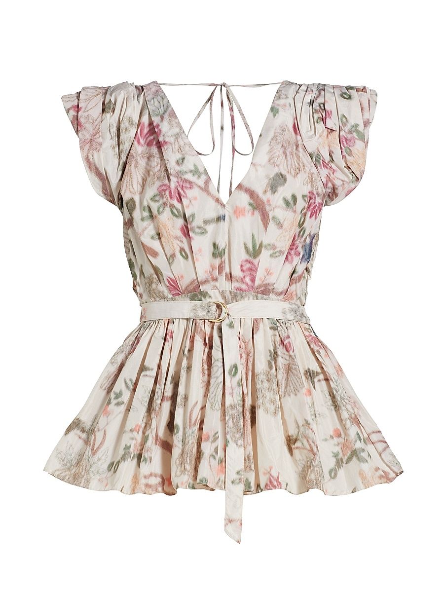 Women's Belted Floral Puff Sleeve Top - Ecru Multi - Size 14