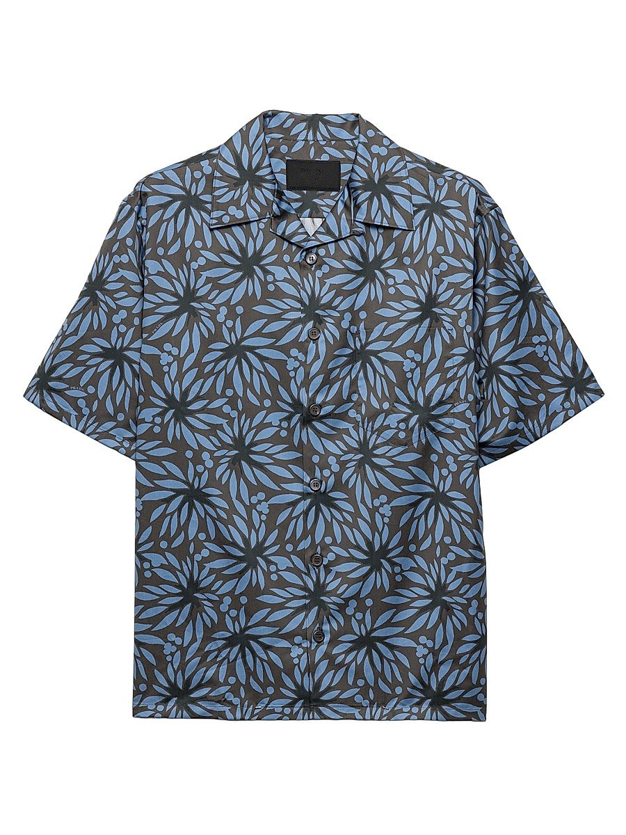 Men's Printed Cotton Bowling Shirt - Blue Grey - Size Medium