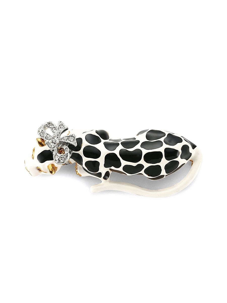 Women's Black & White Enamel Crystal Bow Leopard Pin - Black White