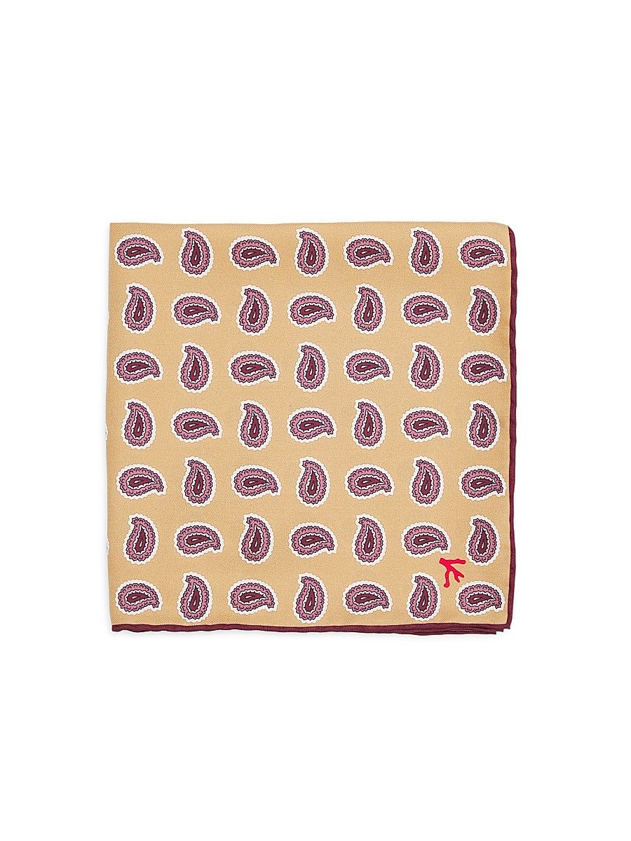 Men's Foulard Paisley Silk Pocket Square - Beige Bordeaux