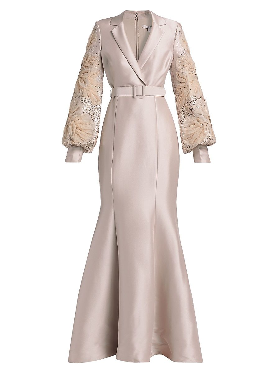 Women's Beaded Tulle-Sleeve Blazer Mermaid Gown - Champagne - Size 4