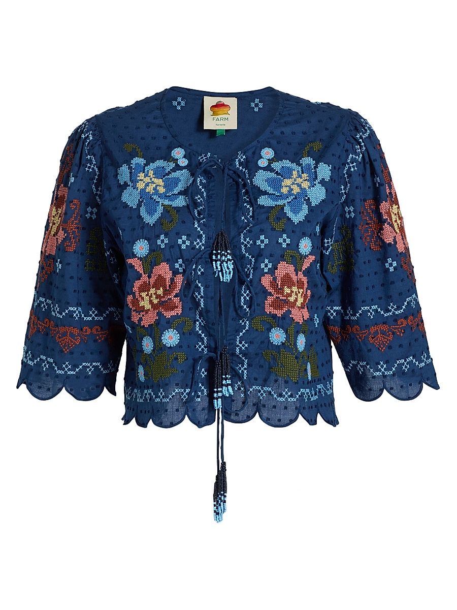 Women's Stitched Garden Embroidered Blouse - Dark Blue - Size Large