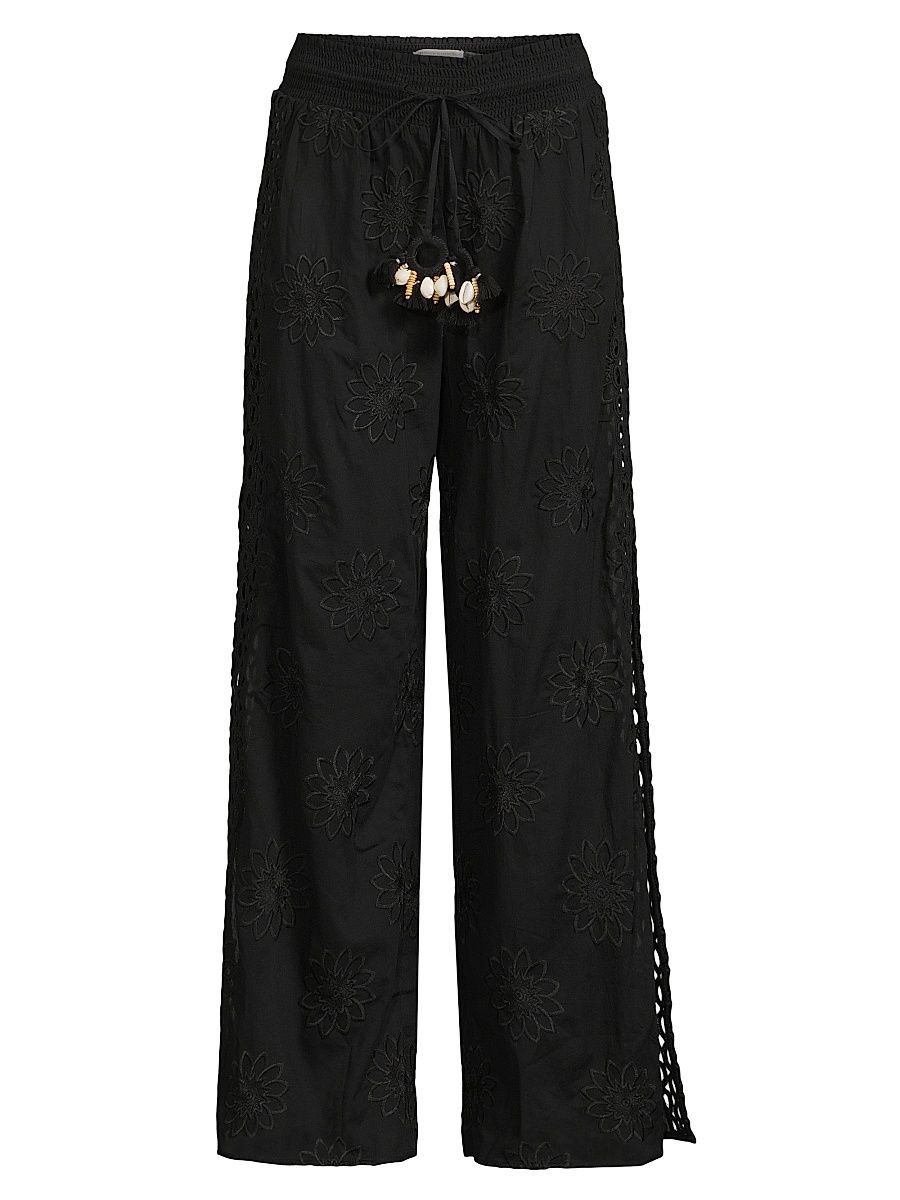 Women's Milan Floral Cotton Drawstring Wide-Leg Pants - Black Floral - Size Small