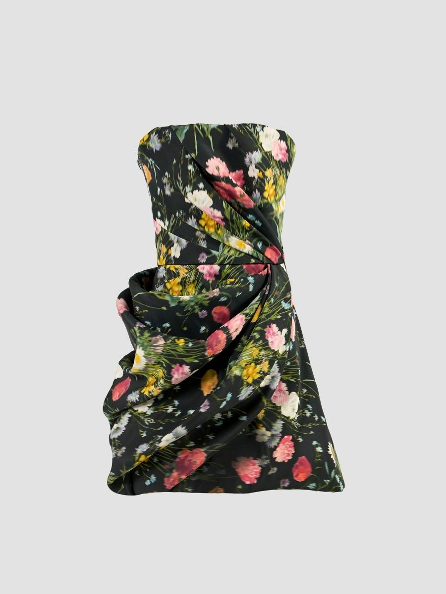 Carolina Herrera Women's Floral Silk Draped Strapless Mini Dress - Black Multi - Size 10