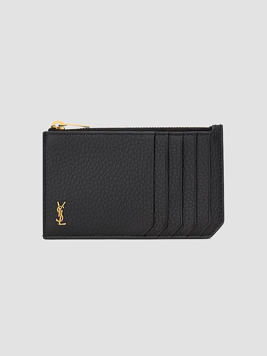 Saint Laurent Men's Tiny Cassandre Fragments Zip Card Case in Grained Leather - Black