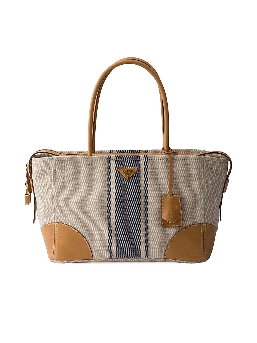 Women's Canvas and Leather Tote Bag - Beige Khaki