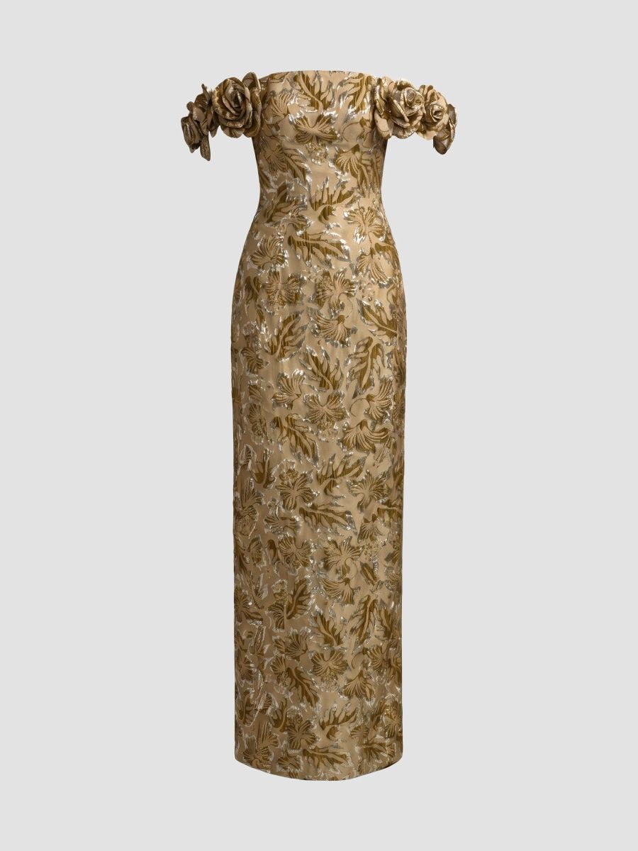 Mac Duggal Women's Brocade 3D Flower Off-The-Shoulder Gown - Bronze Multi - Size 12