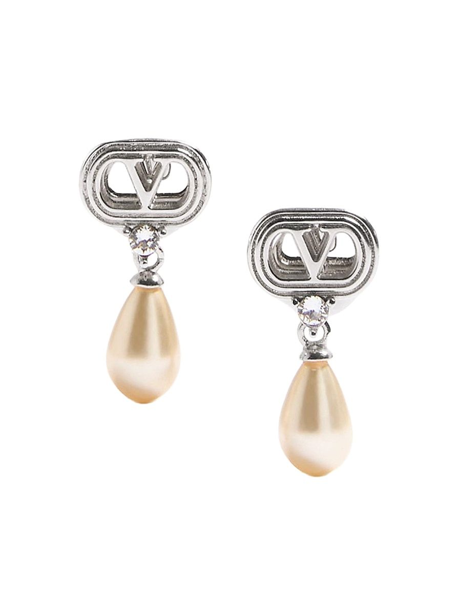 Women's Ovalette Earrings in Metal, Pearls and Swarovski Crystals - Rhodium