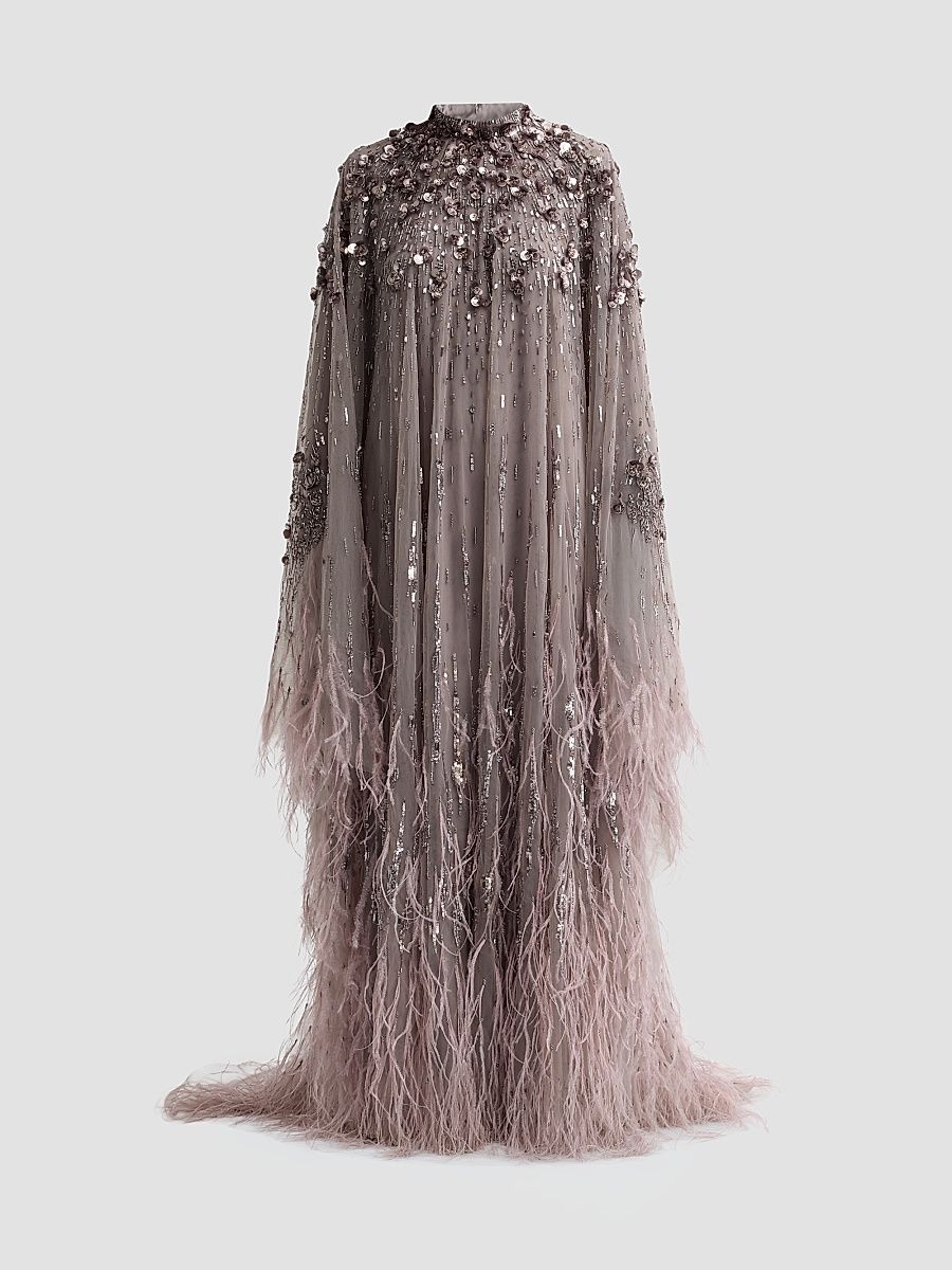 Women's Embroidered Feathered Tulle Caftan Gown - Silver - Size 8