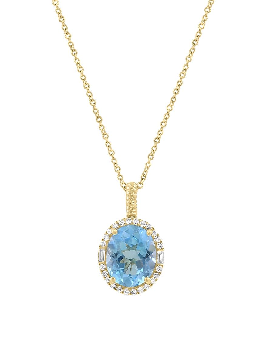 Women's 14K Yellow Gold, Sky Blue Topaz & 0.23 TCW Diamond Halo Pendant Necklace - Yellow Gold