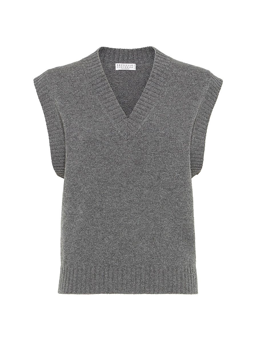 Women's Cashmere Sweater Vest with Monili - Lead - Size XXL