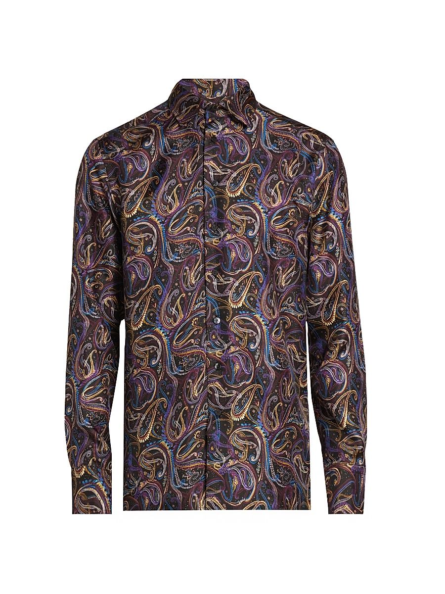 Men's Roma Multi-Paisley Silk Shirt - Printed Black Base - Size 17.5
