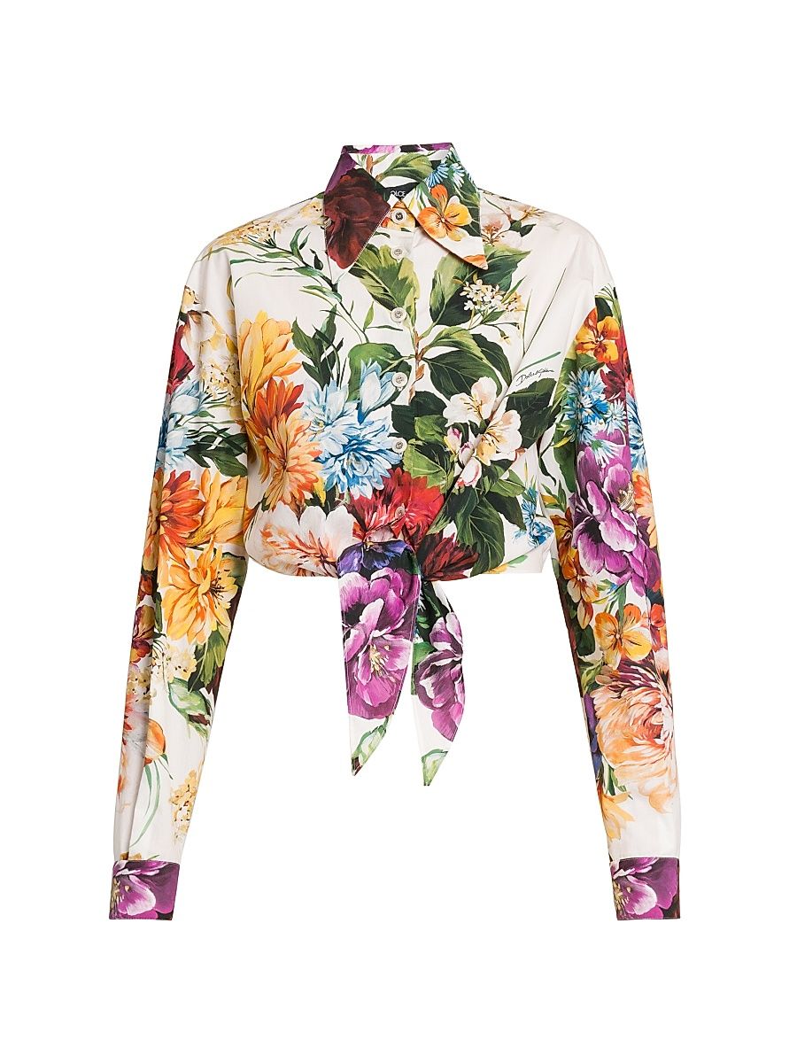 Women's Rafia Fiori Tie-Front Cropped Shirt - White Print Flower - Size 8