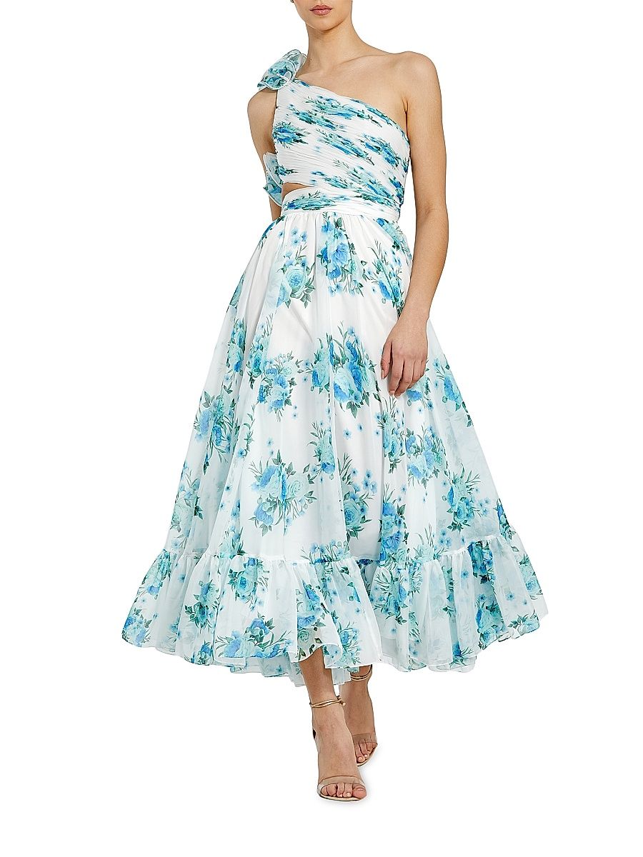 Women's One-Shoulder Cut-Out Midi-Dress - White Multi - Size 12