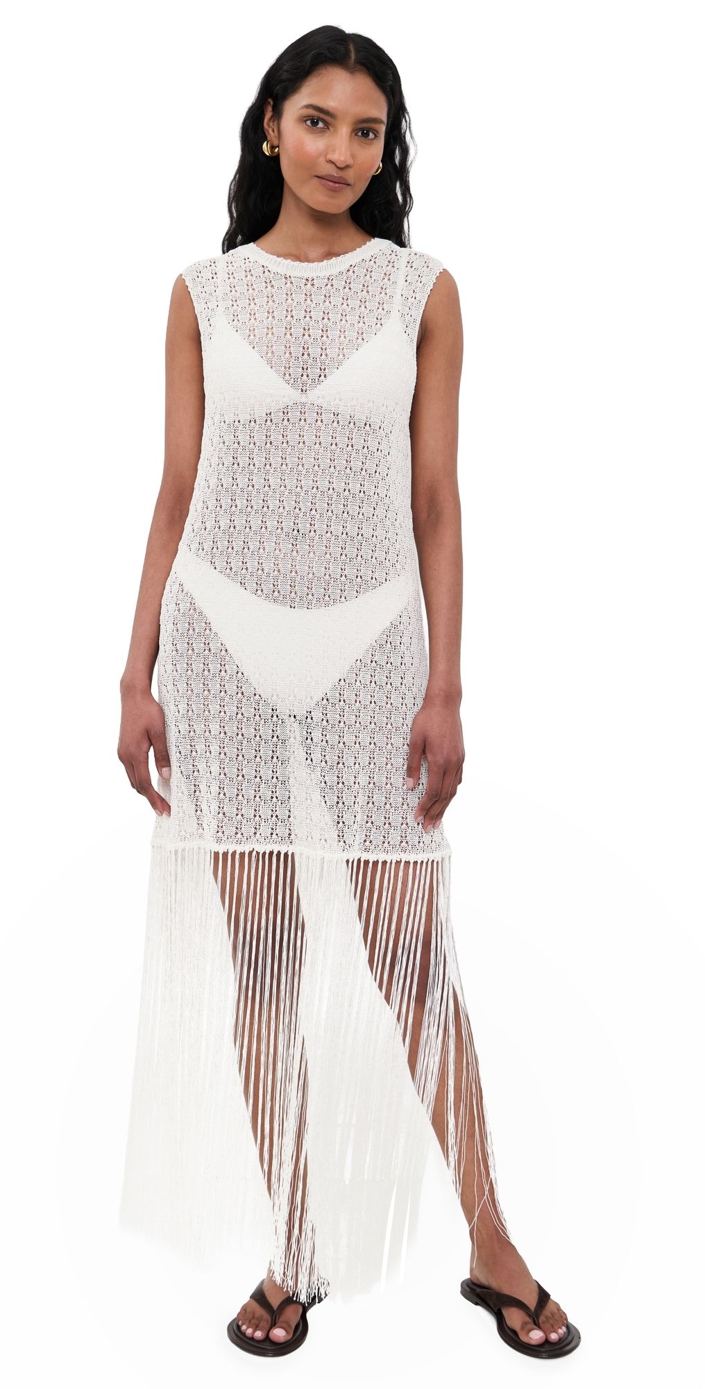 GANNI Shiny Pointelle Fringe Dress Egret M