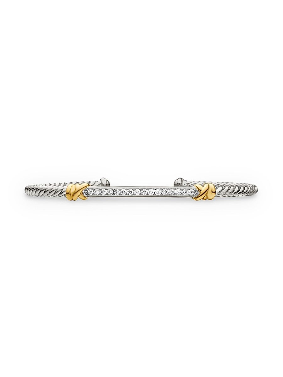 Women's Petite Helena Two Station Wrap Bracelet with 18K Yellow Gold with Pavé Diamonds - Silver - Size Medium
