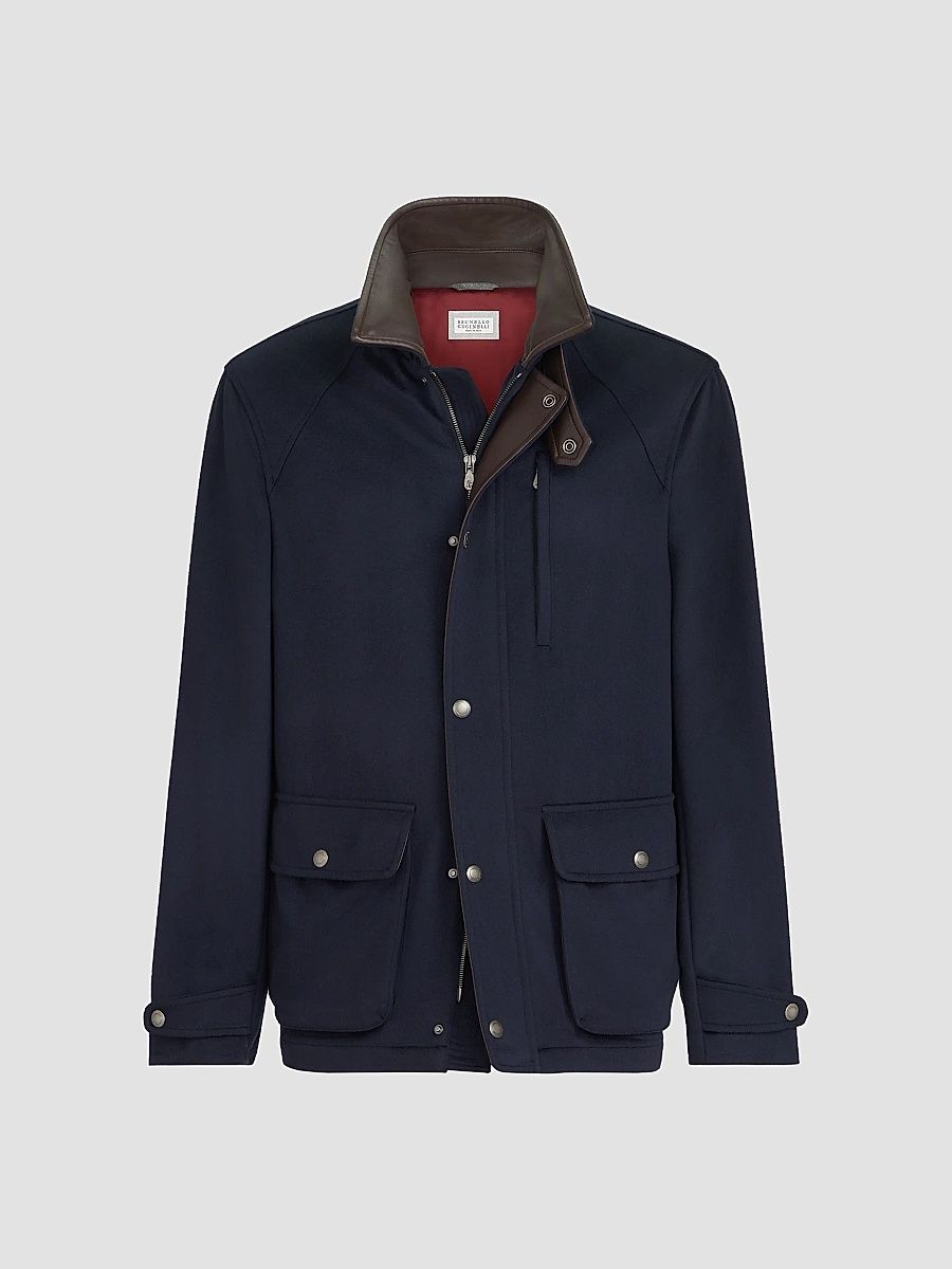 Men's Virgin Wool Cloth Field Jacket with Nappa Leather Inserts - Blue - Size 32