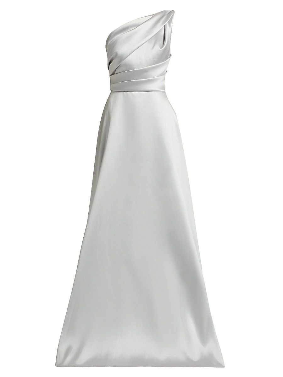 Women's Satin Pleated One-Shoulder Gown - Platinum - Size 14