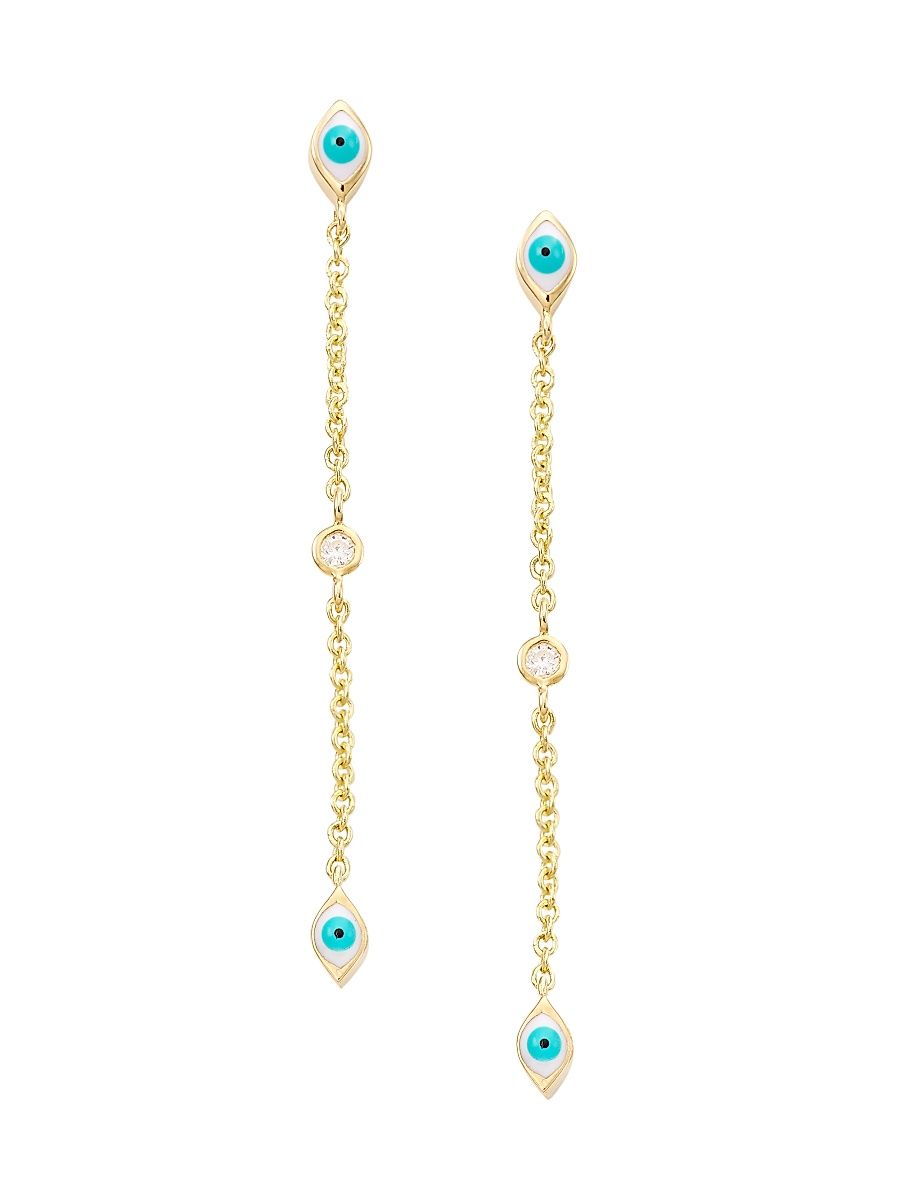 Women's 14K Yellow Gold, Enamel, & Diamond Evil-Eye Chain Drop Earrings
