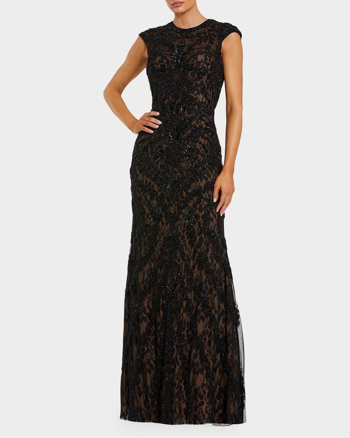 Beaded Lace Cap-Sleeve Column Gown
