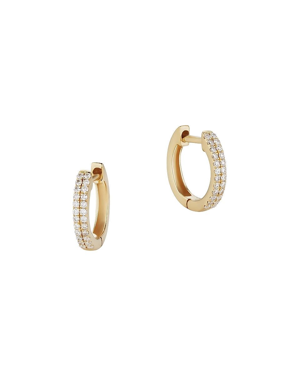 Women's 14K Yellow Gold Twin Row Diamond Mini Hoops - Yellow Gold