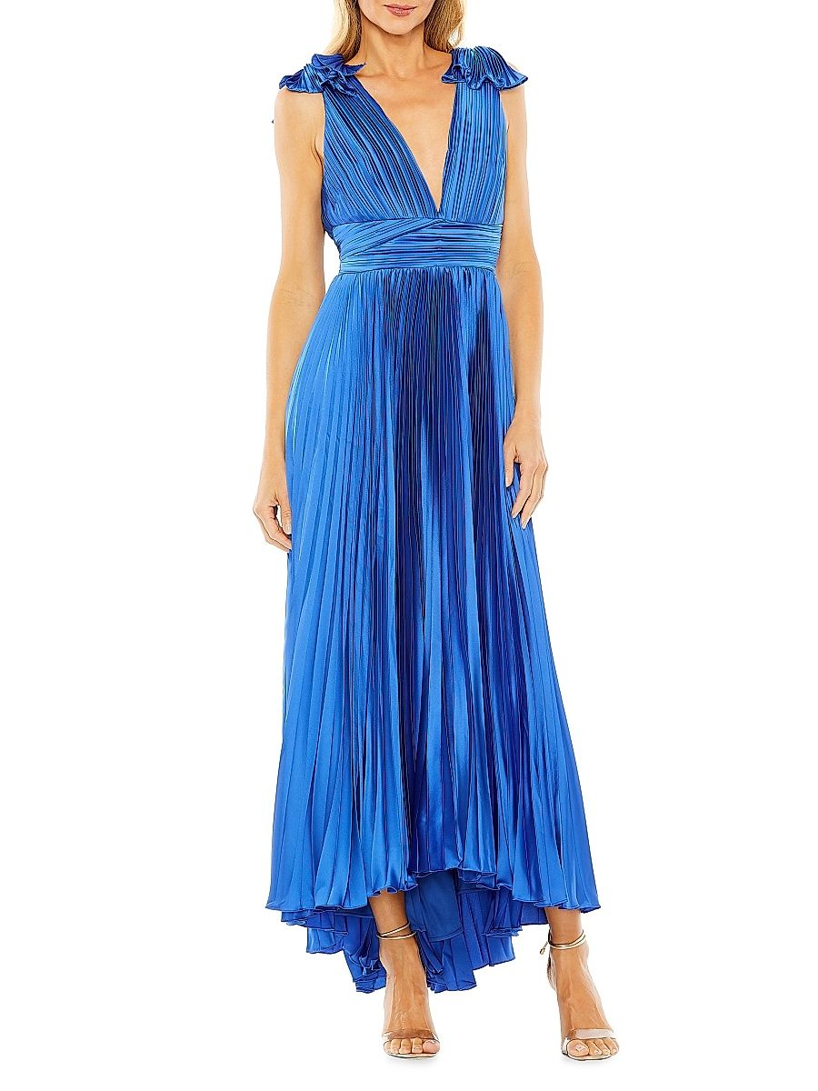 Women's Pleated Asymmetric Ruffled Gown - Cobalt - Size 16