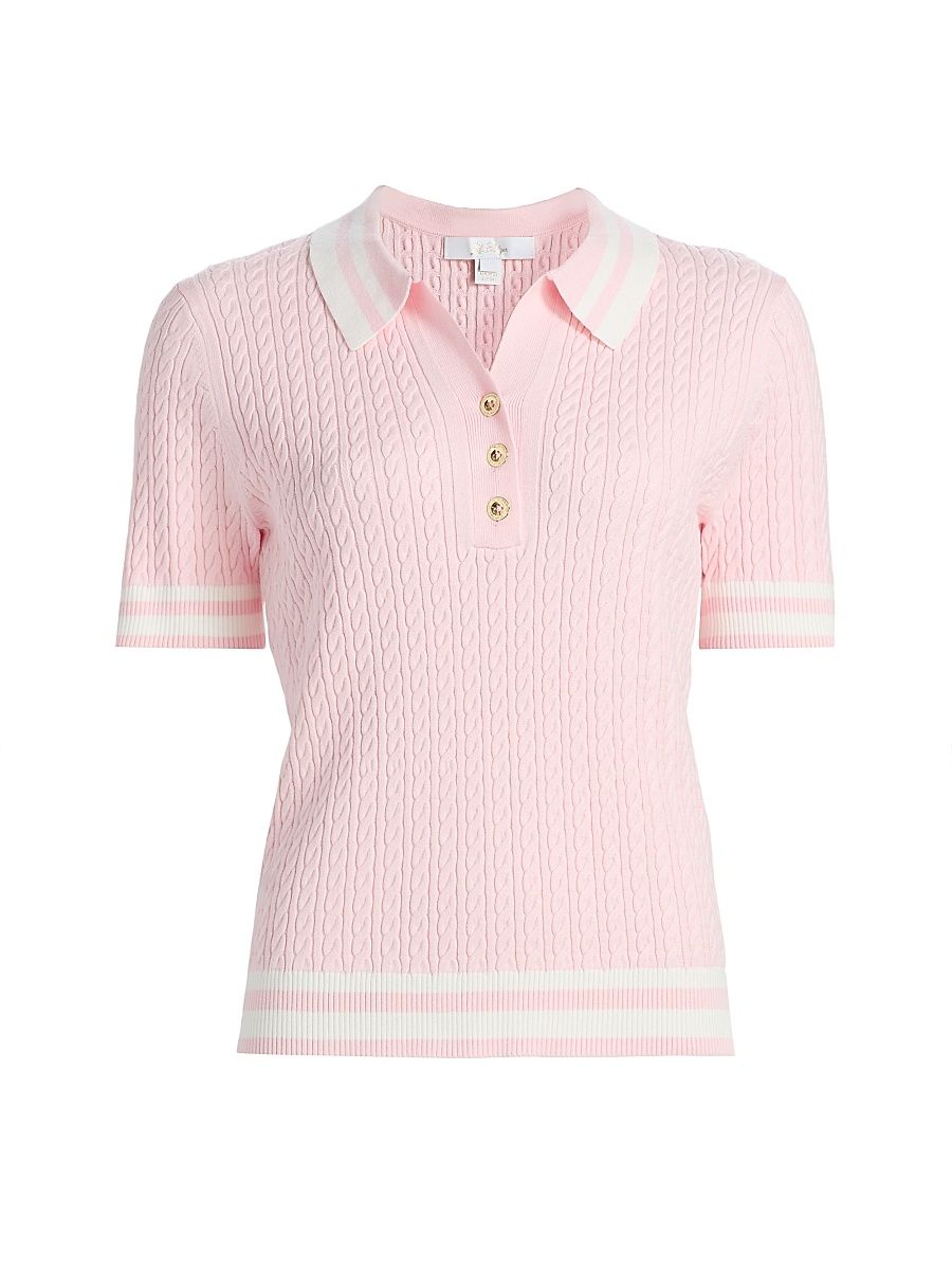 Women's Suzette Striped Cable-Knit Polo Sweater - Pink Muse White Tipping - Size XL