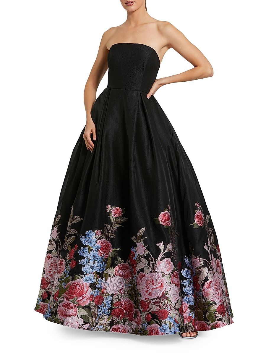 Women's Strapless Floral Brocade Ball Gown - Black Multi - Size 16