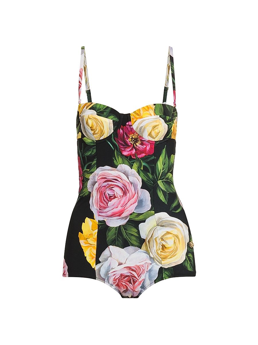 Women's Peonie & Roses Retro One-Piece Swimsuit - Peonie Rose Nero - Size Small