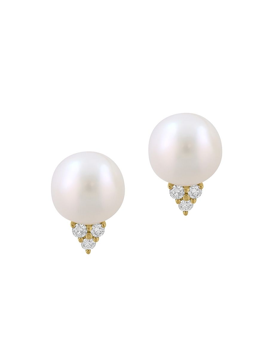 Women's 14K Yellow Gold, Cultured Freshwater Pearl & 0.12 TCW Diamond Stud Earrings - Yellow Gold