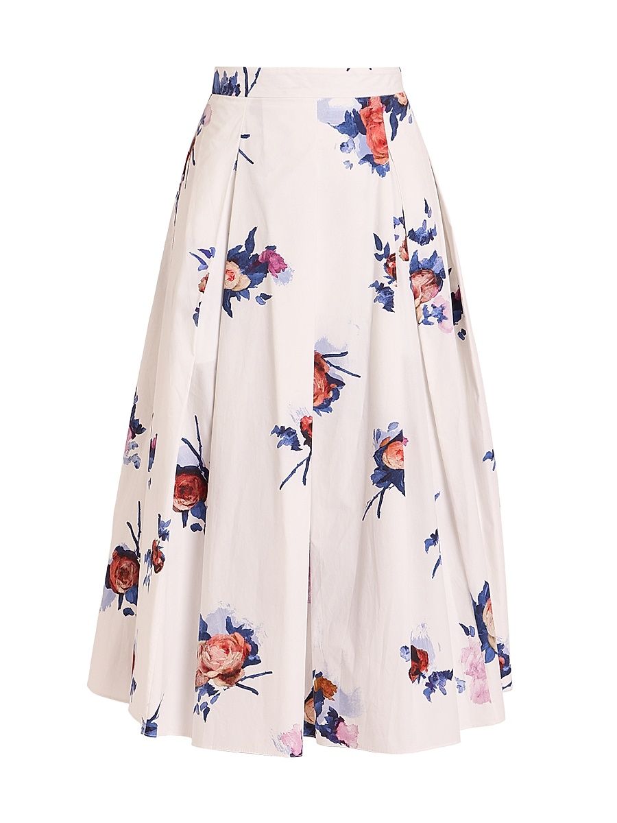 Women's Floral Pleated Midi-Skirt - Painted Rose Bouquet White - Size 2