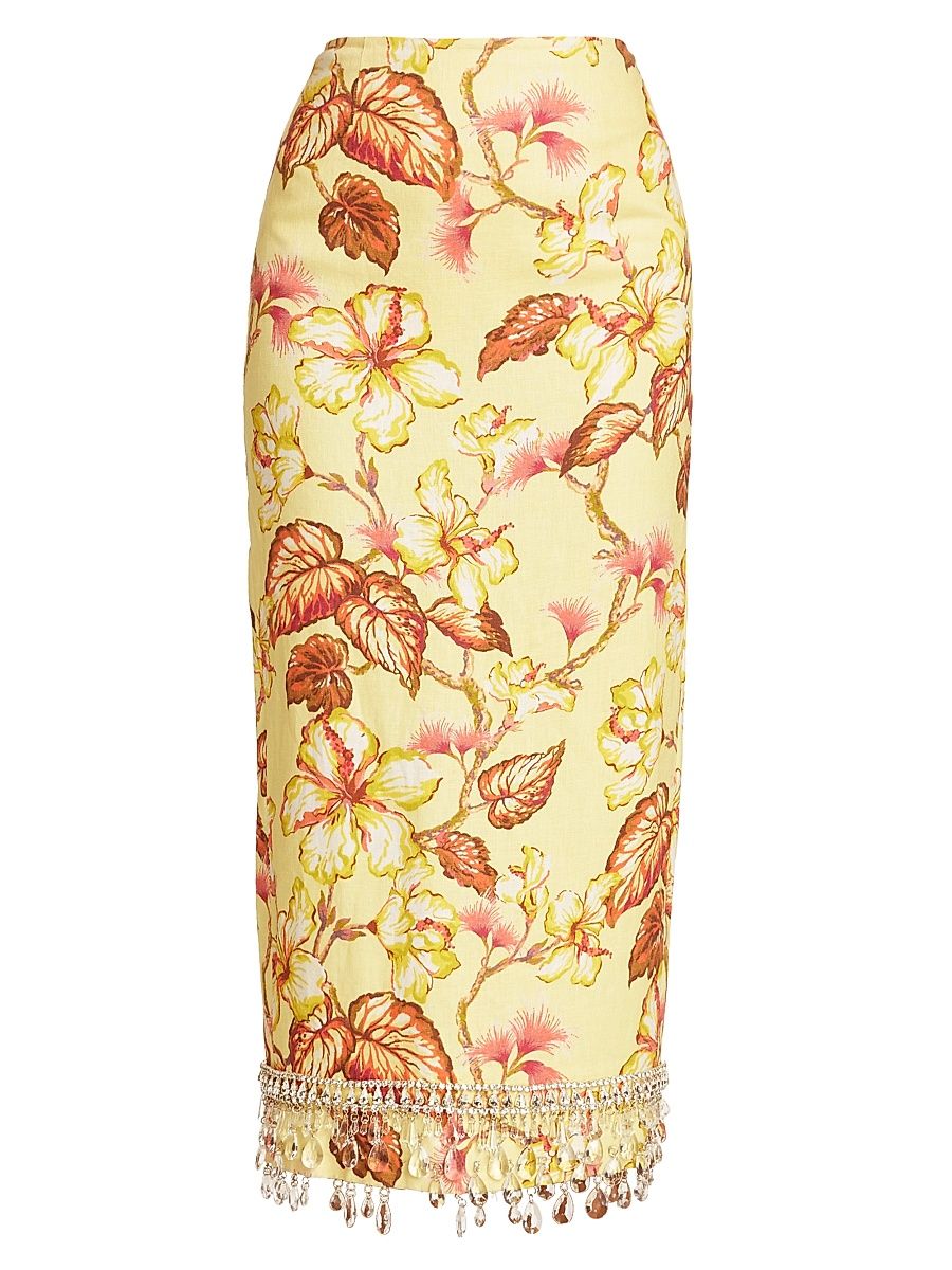 Women's Matchmaker Floral Diamante Midi-Skirt - Yellow Hibiscus - Size 2