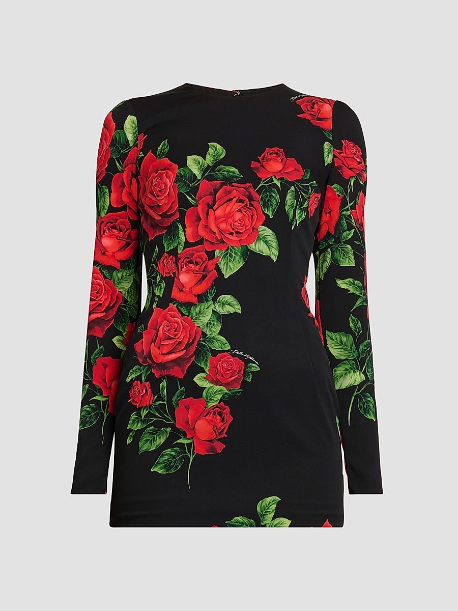 Women's Floral Stretch-Silk Crewneck Minidress - Rose Rosse Nero - Size 8