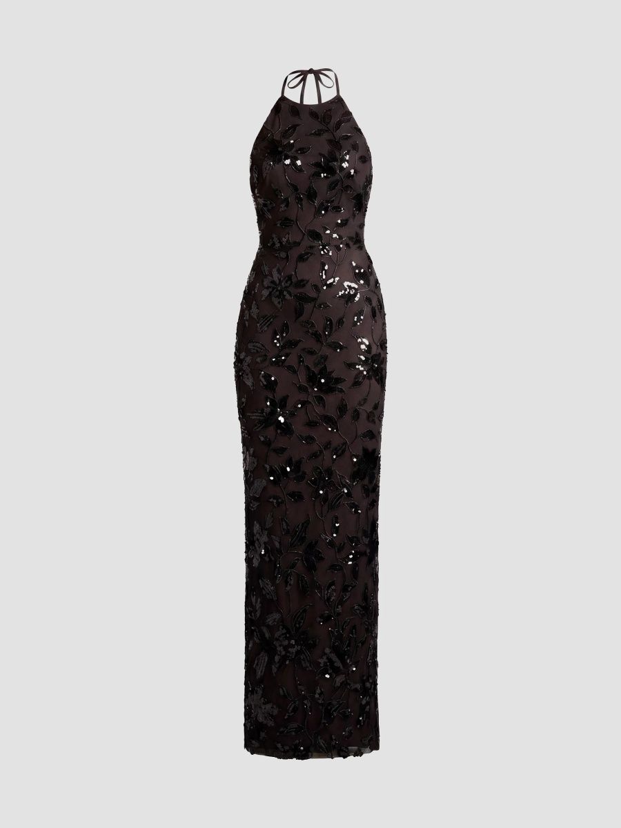 Dress The Population Women's Raven Halterneck Column Gown - Black Mocha - Size XXL