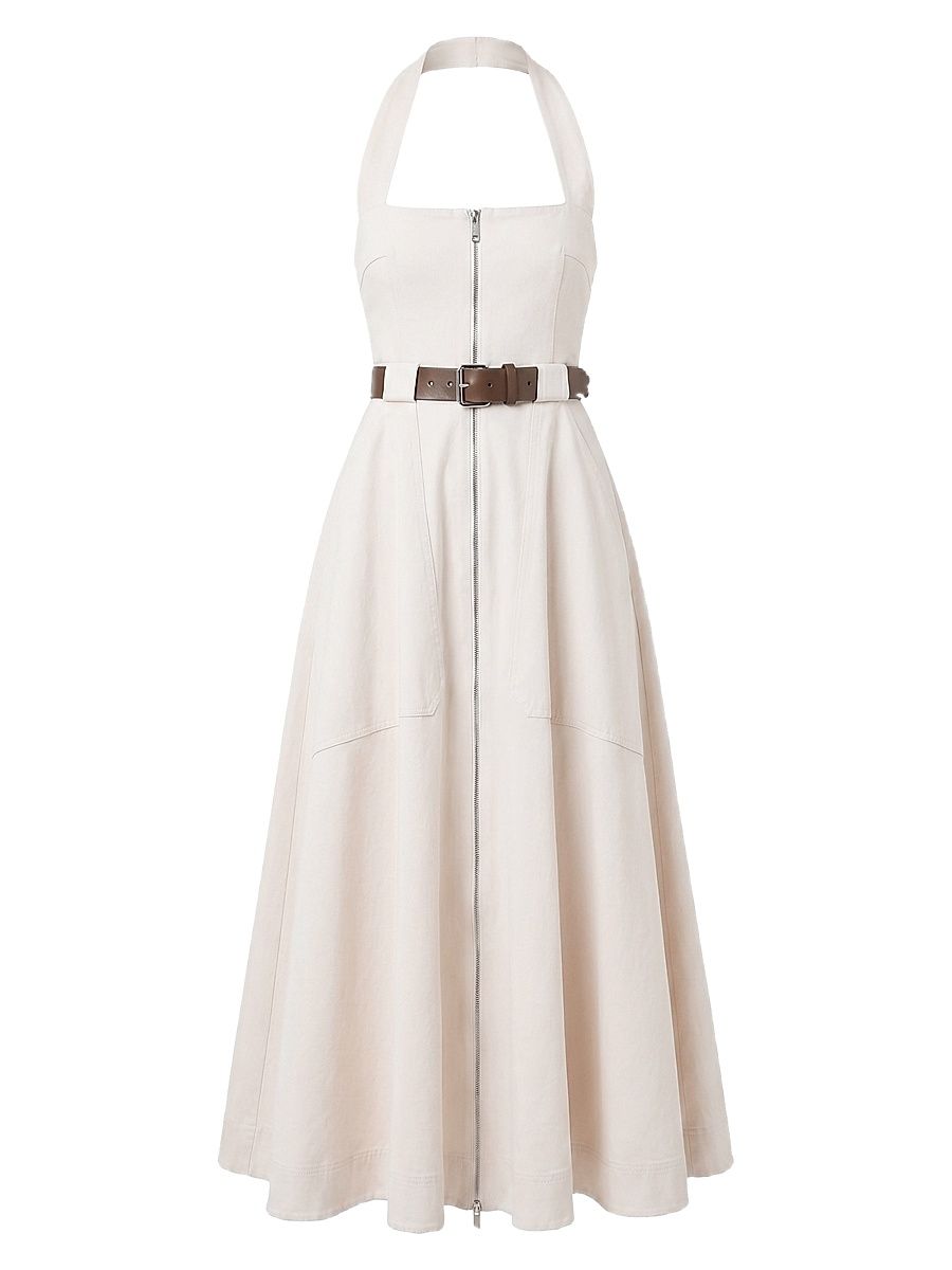 Women's Anastasia Cotton Zip-Front Belted Midi-Dress - Ivory - Size 12