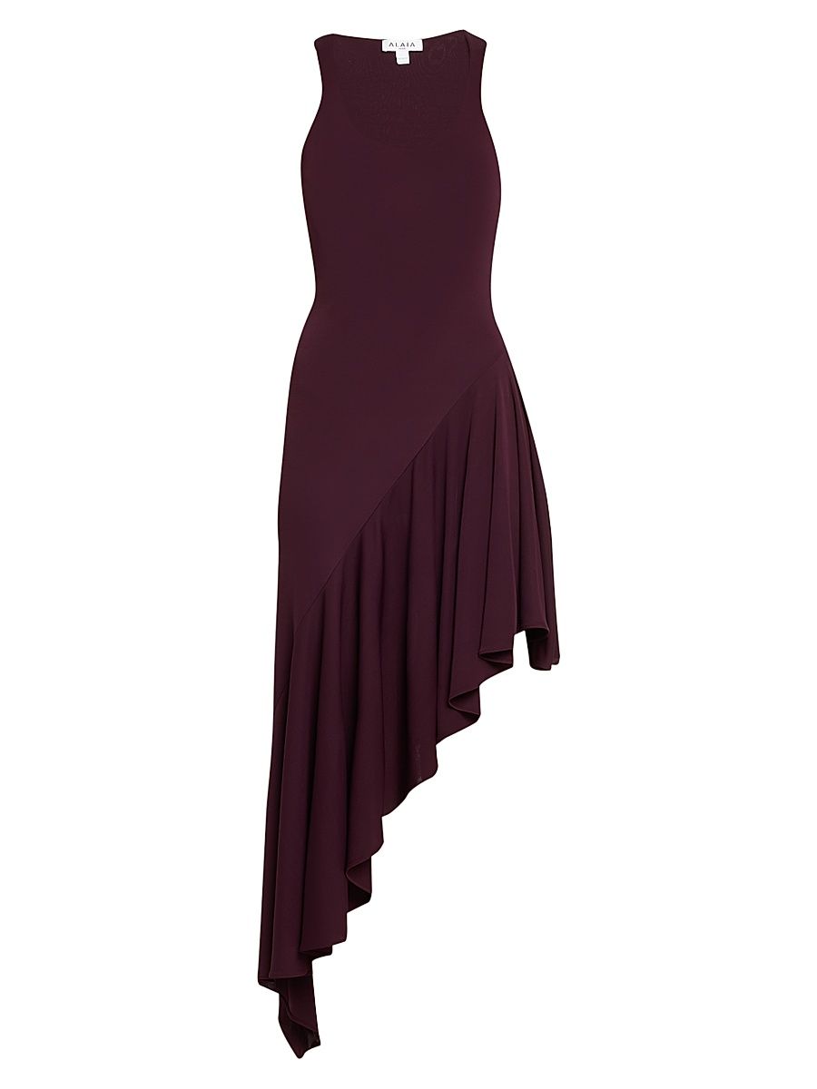 ALAÏA Women's Asymmetric Ruffled Jersey Sleeveless Midi-Dress - Bordeaux - Size 10